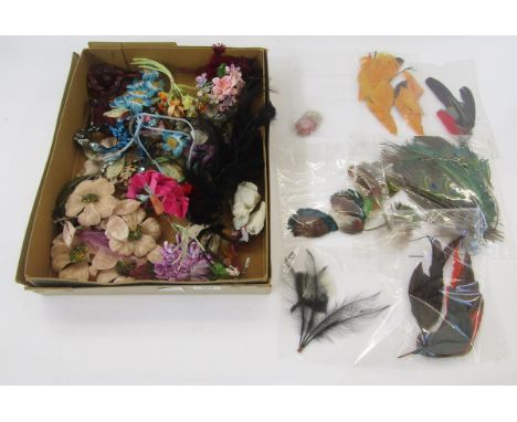 Assorted feather hat and headdress plumes, including peacock and exotic brightly coloured feathers, a collection of 1930s-50s