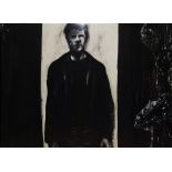 Chris Stevens (contemporary) Charcoal and oil Three-quarter portrait of a man with words and