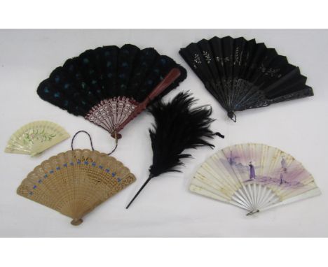 Collection of late 19th and early 20th century folding fans and fan boxes, including: an Edwardian black silk and silver sequ