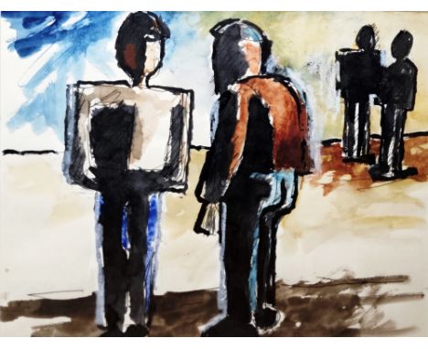 Josef Herman (1911-2000)
Watercolour on paper
"Conversation II"&nbsp;
Albany Gallery label verso, 19.5cm x 24.5cm

From the c