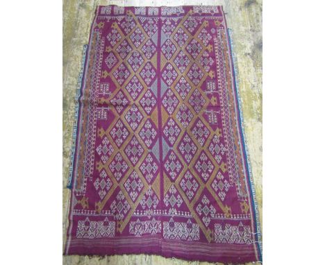 Two vintage Turkoman wool, woven hangings, one with part elaborate braid border, 120 cms, geometric patterns, each have two p
