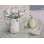 Maggie Thompson (20th century), Oil on canvas Still life, flowers in a jug with pear beside,