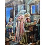 Sir John Bernard Partridge (1861-1945) Pastel  Interior scene of a man praying at an altar with an