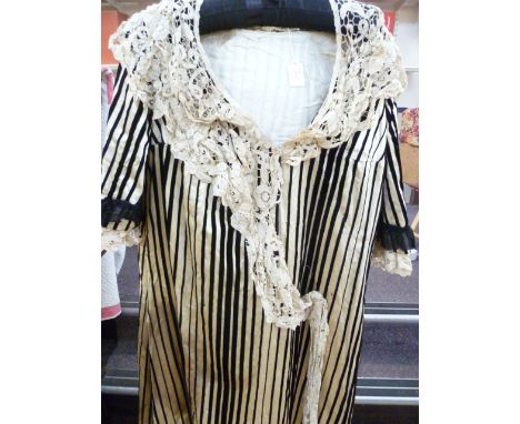 Victorian dress - cream silk with black velvet stripes, trimmed with a bobbin lace lappet ,&nbsp; possibly a later edtion, th