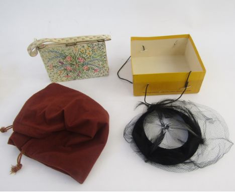 1960s 'Waldybag' evening bag in painted cream silk, fitted with a Stratton compact, lipstick case and mirror, with integral c