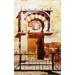 Jeremy Sanders Oil on paper Doorway to a continental building with iron fence in front, 36cm x 23cm,