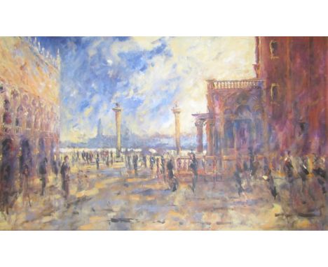 Michael Heseltine (b.1961)
Oil on canvas
Impressionist scene of St Marks Square, Venice, signed lower right, 59cm x 102cm, fr