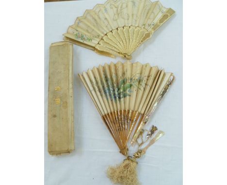 Late 19th century brise fan, painted silk, two sticks broken, another fan , mother o' pearl sticks, pierced and gilt decorate