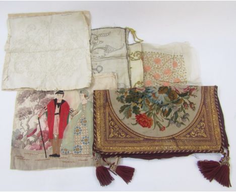 Collection of 19th and 20th century embroidered covers and other items, including: a Victorian floral tapestry fragment, late