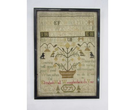 Late 18th century alphabet and numerical needlework sampler by 'Elizabeth Hall, wrought in the year 1771', centred with a jar