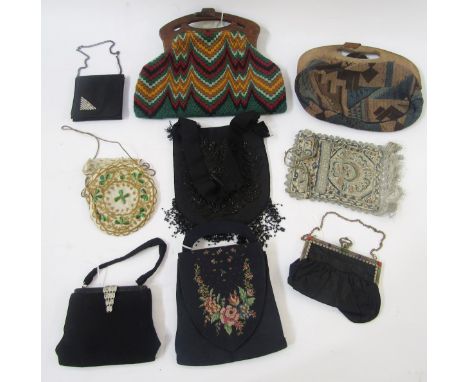 Collection of vintage evening bags and others, including a black silk and diamante mounted evening bag by A. Boswell (Edinbur