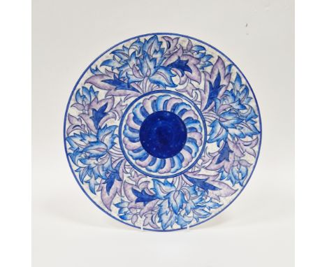 Charlotte Rhead for Crown Ducal, circa 1930s Art Deco pottery hand painted charger/wall plate in the 'Blue Peony' pattern, fe