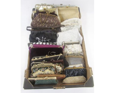 A large quantity of vintage evening bags to include beaded, petit point, faux pearls, embroidered, silk ruched, fixed frame l