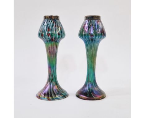 Pair of early 20th century Bohemian glass vases,&nbsp;possibly&nbsp;Josef Rindskopf, with silver coloured metal collars, wais