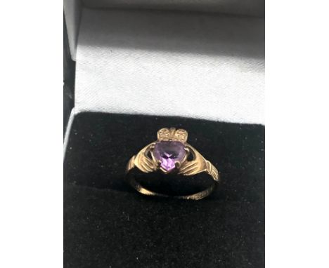 9ct Gold Amethyst Heart Claddagh Ring (1.5g) 