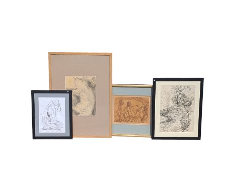 Four assorted pictures, comprising a pencil sketch of a cat signed indistinctly lower left, Olga ......,  a Gerald Ososki ske