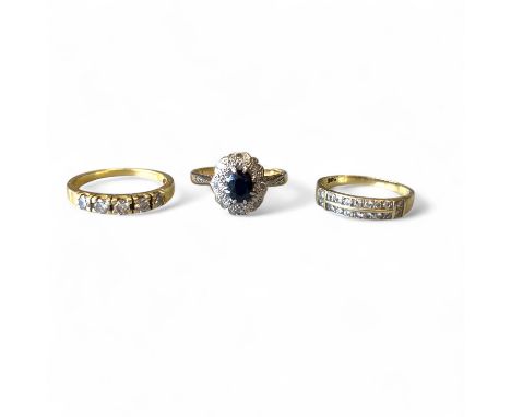 Group Of 3 Diamond Set Rings. To Include An 18ct Yellow Gold Tested 5 Stone Diamond Ring Size M Approximately, An 18ct Yellow