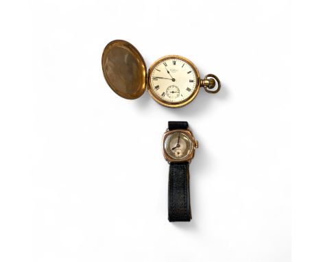 9ct Rose Gold Wristwatch Rone Sportsman Along With A Gold Plated Full Hunter Top Wind Pocket Watch By Waltham USA  Pocket Wat