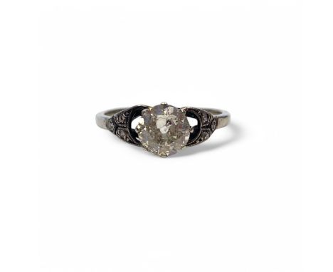 Platinum deco single stone diamond ring circa 0.70 ct.  Slight damage to stone, good colour. Total weight 2.46g.