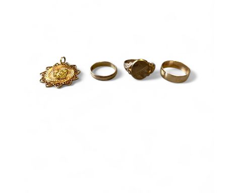 3 Gold Rings And A Gold Pendant.  To Include A 9ct Yellow Gold Signet Ring Size T 1/2 Approximately, A 9ct Yellow Gold Plain 