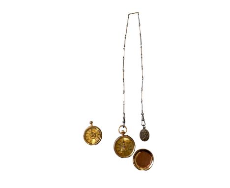 Two 14ct Yellow Gold Gold Fob Watches Both A/F On A Silver And 9ct Gold Chain.  Smaller fob watch with ring loop missing Mark