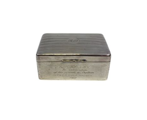 Sterling Silver Cigarette Box,  Birmingham, 1918, A & J Zimmerman. Wood Lined.  Inscriptions to front and reverse Including 1