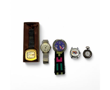 Collection Of Watches To Include A Pop Swatch, A Base Metal Fob Watch crystal missing, Zenith Wristwatch, A Superman Wristwat