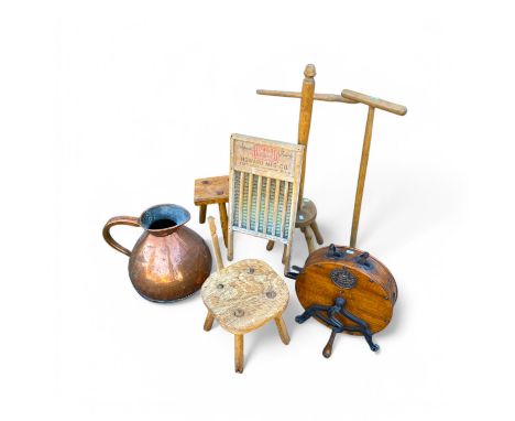 A collection of 19th century and later domestic items including tree washer dollies, two stools, a Spong and Co knife grinder