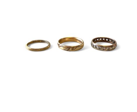 2 9ct Yellow Gold Bands And A Yellow Metal Eternity Ring.  To Include A 9ct Yellow Gold Plain Band Size J Approximately, Anot