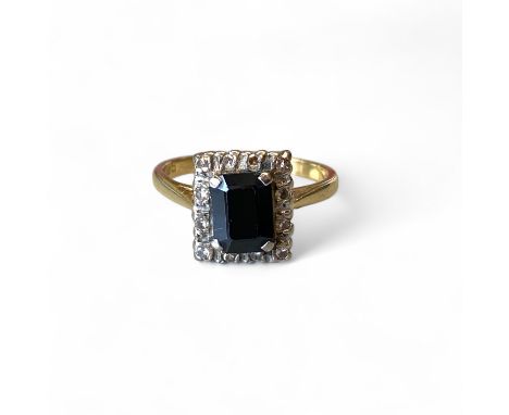 18ct Yellow Gold Hallmarked Diamond And Sapphire Square Face Engagement Ring.  Size: N 1/2 Approximately  Sapphire with wear 