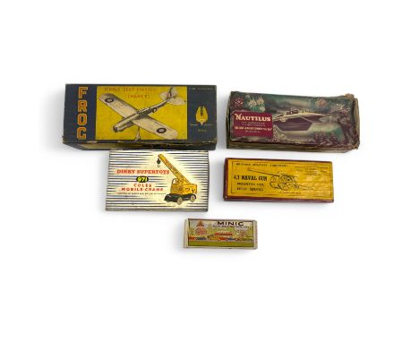 A collection of boxed toys, comprising a Frog Single Seater Fighter (Mark V), a Britains 4.7" Naval Gun 1264, a Tri-Ang Minic