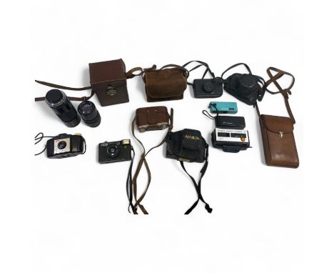 Assorted cameras and lenses, to include an Agfa Jsolar plate camera, Kodak 1A Pocket camera, Pentax Asahi, a Tamron SP tele m