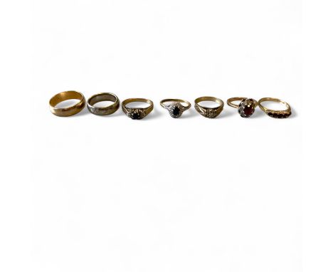 A Group Of 7 9ct & 18ct Gold Rings. To Include A "18ct" Marked Diamond And Sapphire Engagement Ring Size L Approximately, A 9