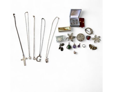 A collection of silver, gold costume jewellery, including a gold and amethyst bar brooch 1.6g, a 9ct pair of mouse stud earri