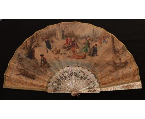 Winter Skaters: A Large Late 19th Century Pierced Pink Mother-of-Pearl Fan, the double velum leaf painted with a rural scene 