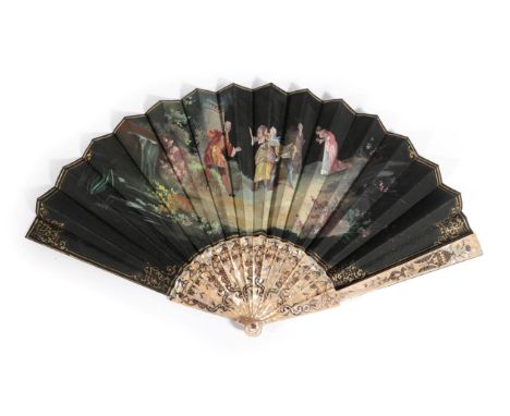 A Large Circa 1890's Pink Mother-of-Pearl Fan, the monture carved and pierced, gilded and silvered. The double silk leaf, wit