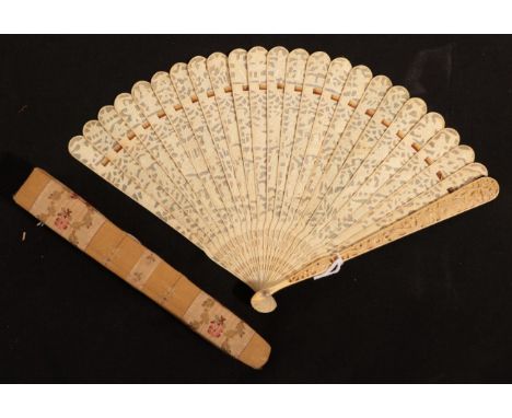 A Circa 1830's to 40's Chinese Carved Ivory Brisé Fan, the twenty three inner sticks and one guard carved throughout with bui