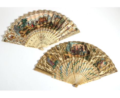 A Mid-19th Century Bone Fan, with brightly coloured lithographed double velum (?) leaf, the monture carved, pierced and gilde