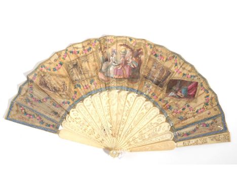 A Late 18th Century French Ivory Fan, the monture carved and pierced, some designs in pairs in the gorge. The silk leaf is pa