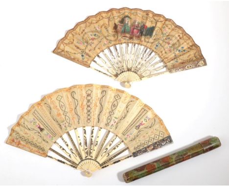 A French Mid-18th Century Ivory Fan, the double leaf plain to the verso, mounted on carved, pierced and gilded sticks, the up