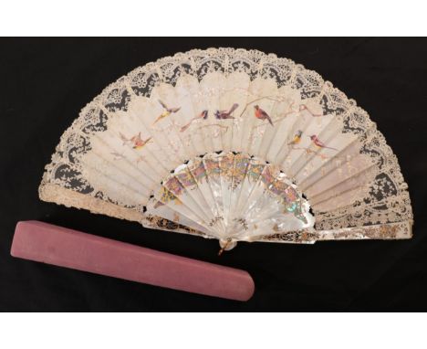Royal Connection: Circa 1880's, A Brussels Bobbin Lace Fan, with painted birds, attributed to HRH Princess Beatrice, the youn