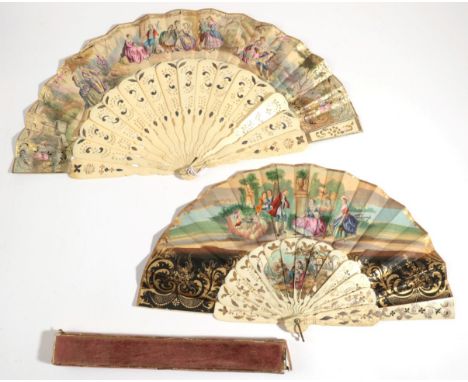 Two Mid-19th Century Bone Fans, the first with broad sticks allowing for a colourful painting in the gorge depicting a courti