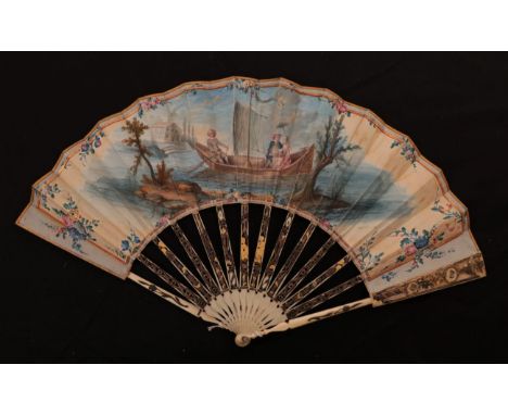 La Coeur Enflamée: An ivory Fan, circa 1780, probably French, the monture carved, pierced and gilded with cherubs, figures an