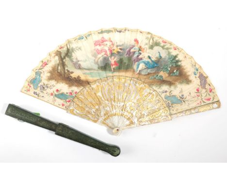 A Fine Mid-18th Century Mother-of-Pearl Fan, the monture heavily gilded, the carved gorge backed with thin mother-of-pearl. T