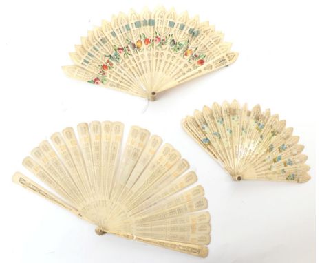 Three Early 19th Century Bone Brisé Fans, to include an example painted recto/verso with colourful flowers, the twenty-one in
