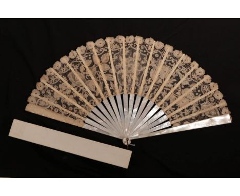 A Late 19th Century Belgian Bobbin Lace Fan Leaf, mounted on white mother-of-pearl, the workmanship of particular note and qu
