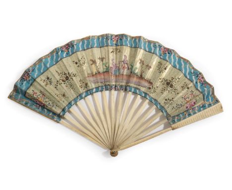 A Mid-18th Century Bone Fan, the monture very simple with only some shaping to the upper guards. The double paper leaf is pai