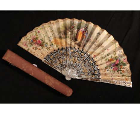Boating in the Park: An 18th Century Mother-of-Pearl Fan, the monture gilded and silvered, the double leaf showing a lady wal