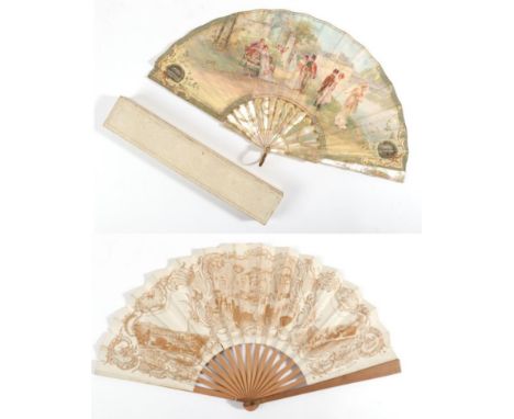 A Stroll in the Park: An Early 20th Century Pale Pink Mother-of-Pearl Fan, lightly silvered and gilded with classical designs