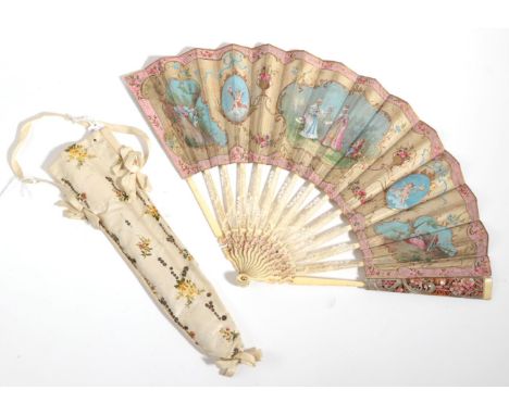 A Third Quarter 18th Century Ivory Fan, the sticks pierced and the upper guards carved with flowers, this section painted in 